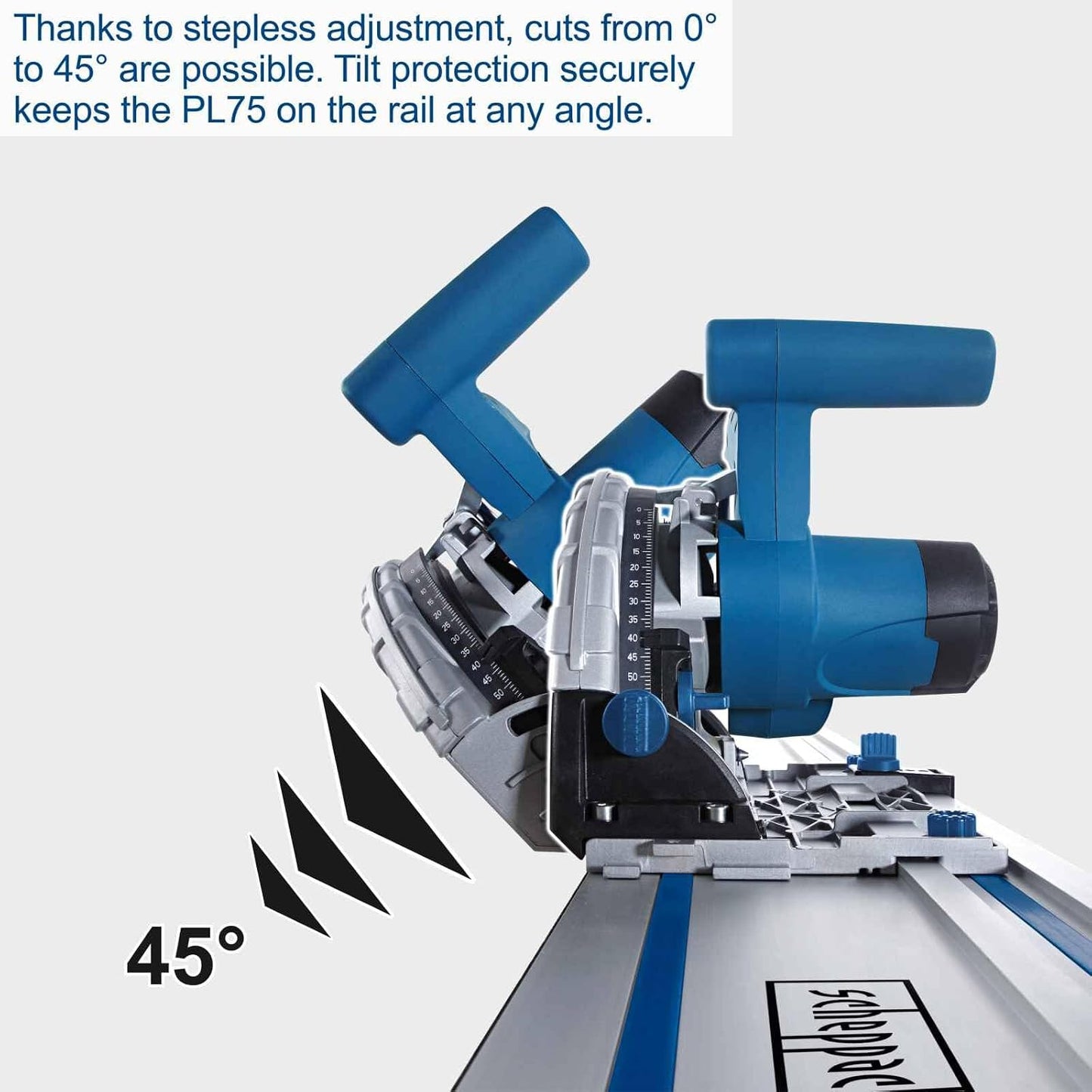Scheppach PL75 Plunge Saw, 1600W, 210mm Blade, 75mm Cut Depth, 2.5m Guide Rail System, 45° Bevel, Track Saw Kit for Wood, Metal, Plastic, Flooring