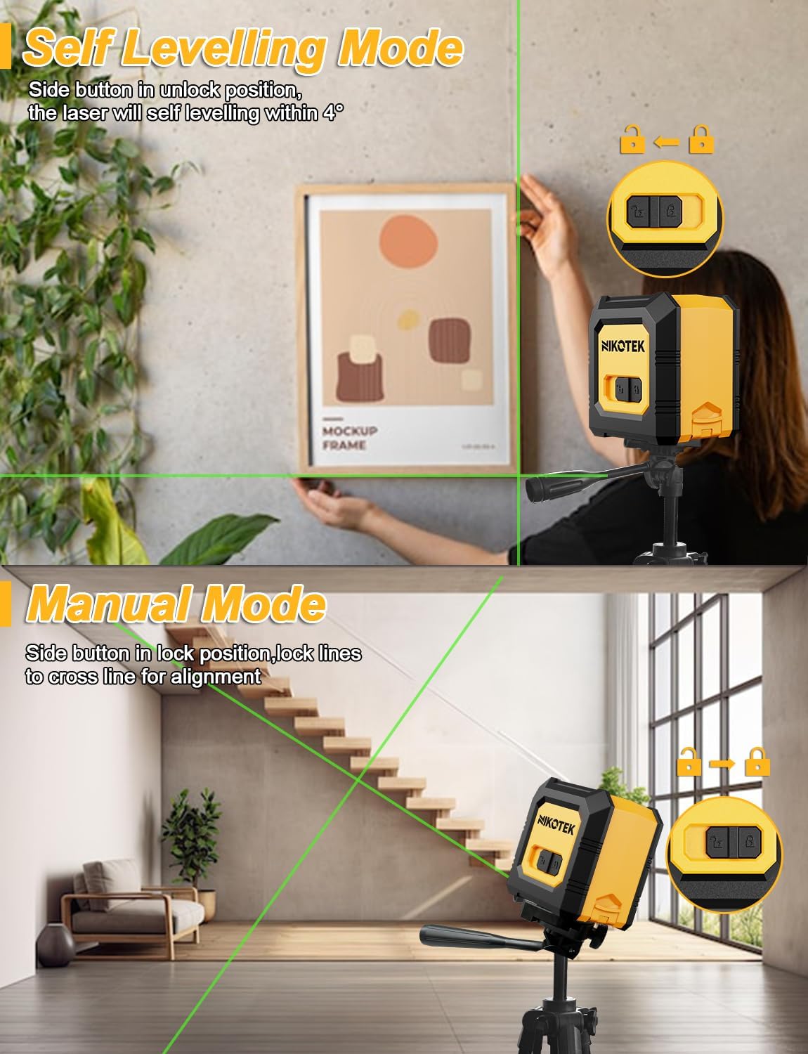 Nikotek Green Laser Level with 1.02M Tripod, Self-Leveling Bright Green Beam Horizontal and Vertical Cross Line Laser for Home Decoration DIY etc.Carrying Pouch Battery&Tripod Included