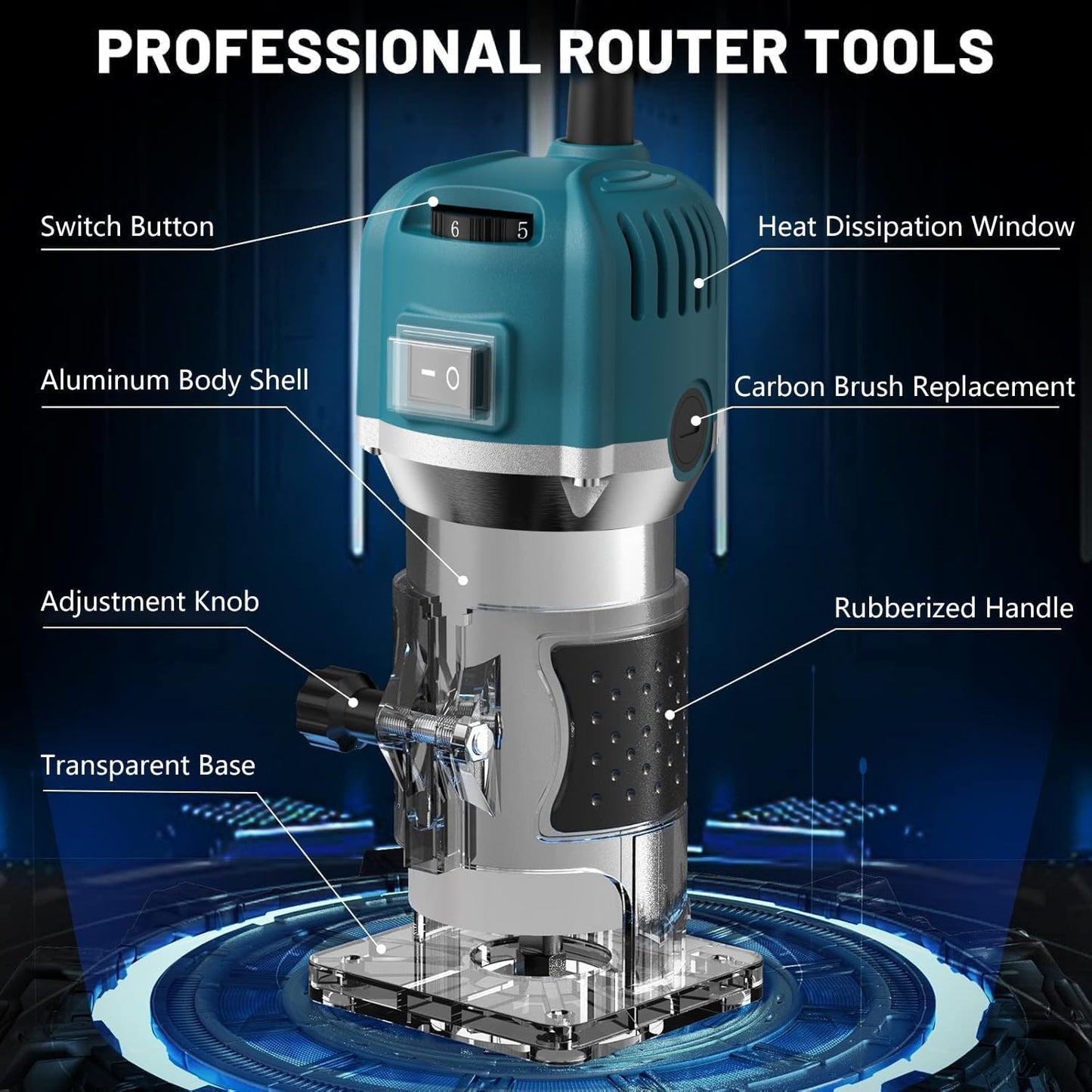 Palm Router Tool, 800W 30000Rpm Electric Woodworking Hand Router with Trimmer Base & 15Pcs 1/4"(6.35mm) Router Bits Set, 220V Wood Trimmer Router (Blue, 6 Speed)