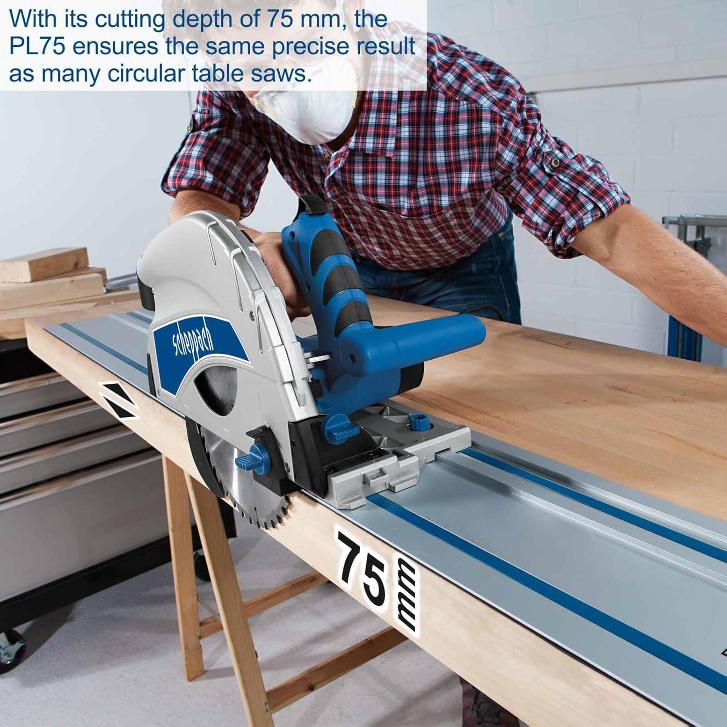 Scheppach PL75 Plunge Saw, 1600W, 210mm Blade, 75mm Cut Depth, 2.5m Guide Rail System, 45° Bevel, Track Saw Kit for Wood, Metal, Plastic, Flooring