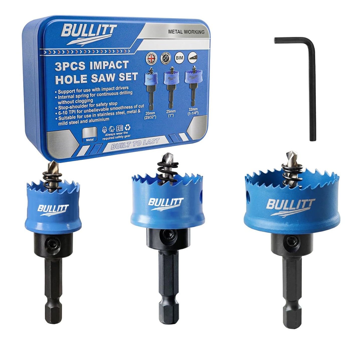 BULLITT Impact Hole Saw Set, 20,25,32MM 3PCS M42 HSS Bi-Metal,Hex Shank,Impact Hole Cutter Set Perfect for Drilling Thin Metal,Stainless Steel,Mild Steel and Aluminium