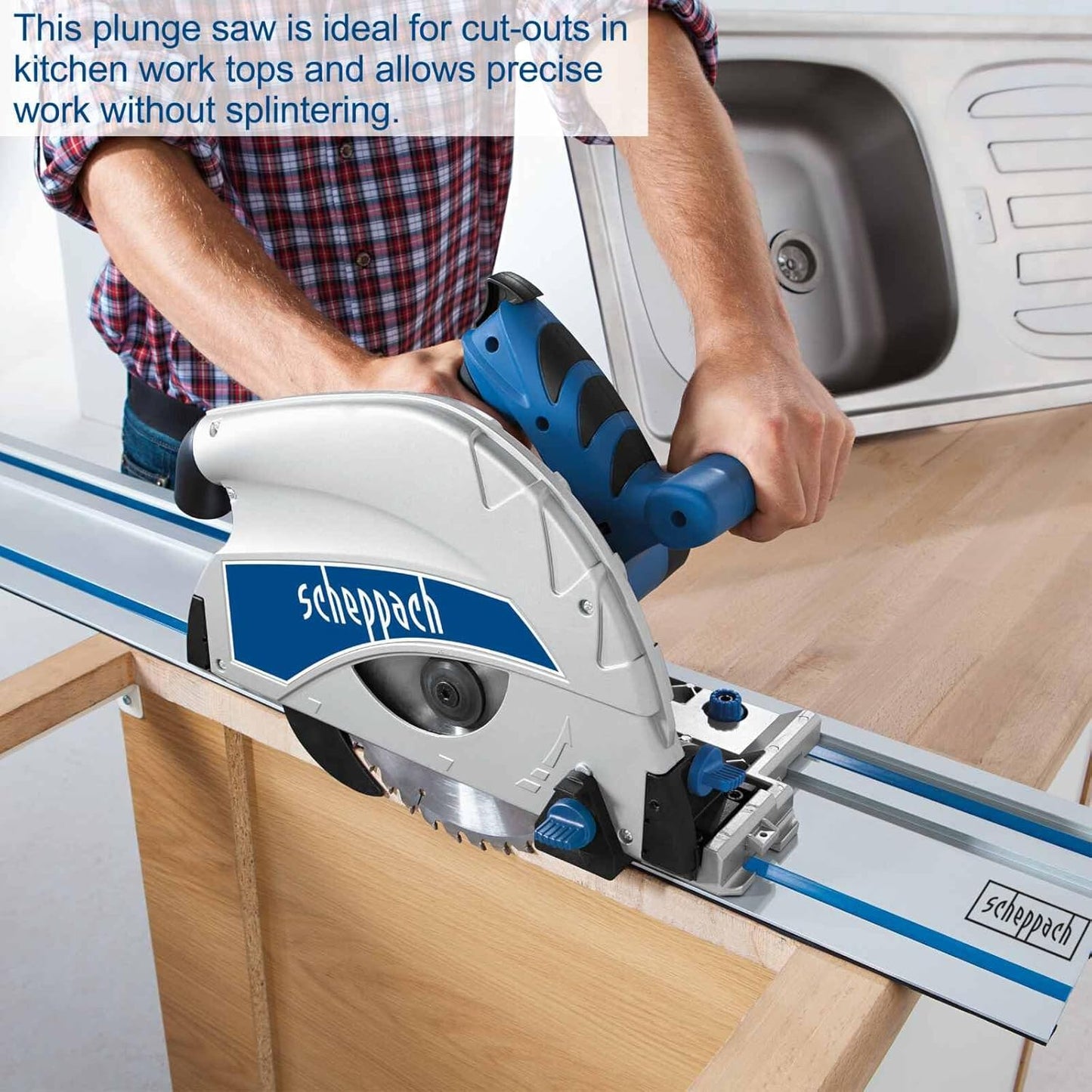 Scheppach PL75 Plunge Saw, 1600W, 210mm Blade, 75mm Cut Depth, 2.5m Guide Rail System, 45° Bevel, Track Saw Kit for Wood, Metal, Plastic, Flooring