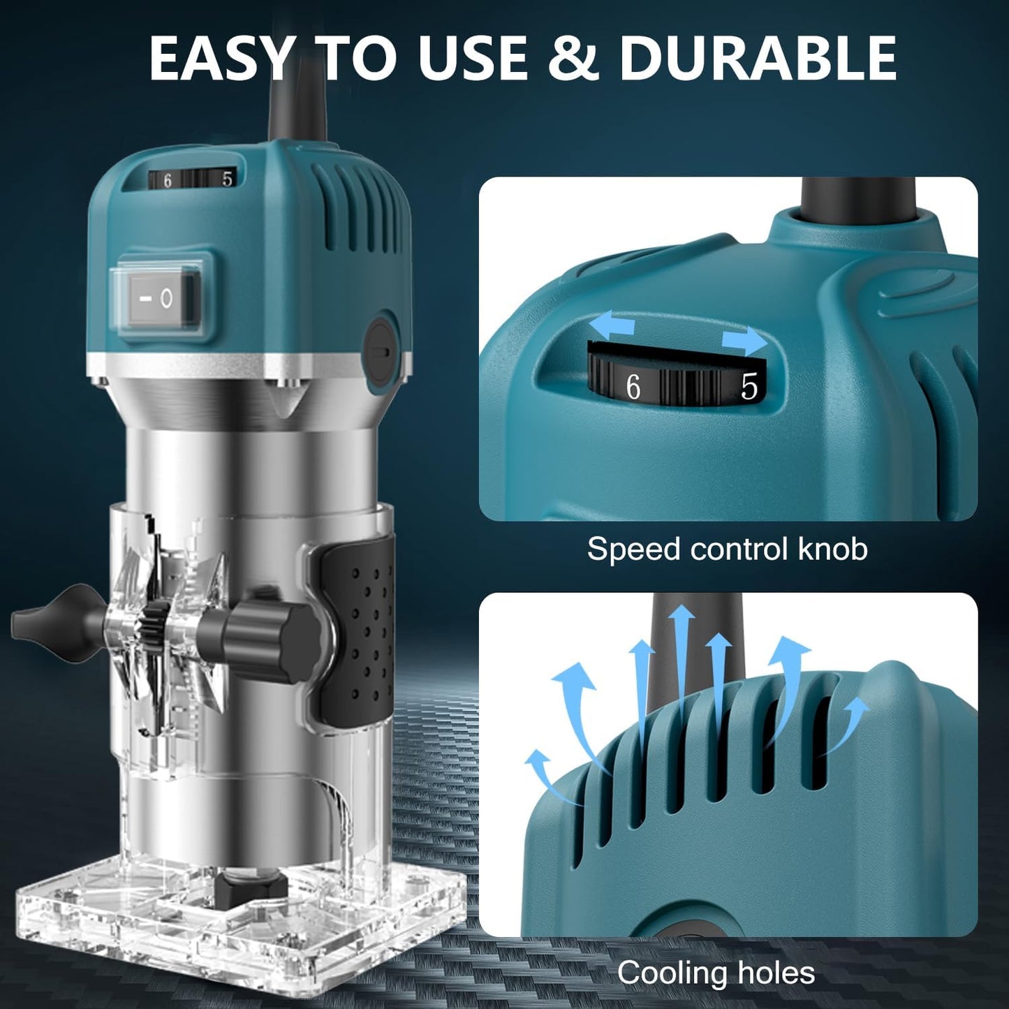 Palm Router Tool, 800W 30000Rpm Electric Woodworking Hand Router with Trimmer Base & 15Pcs 1/4"(6.35mm) Router Bits Set, 220V Wood Trimmer Router (Blue, 6 Speed)